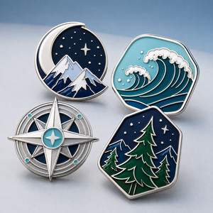 Ensemble de badges en émail dur personnalisés, compas botanique de montagne, badges en métal plaqué or - Product Image 1