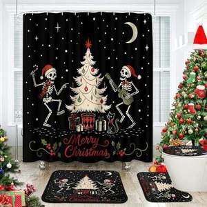 Black Skeleton Christmas Tree Polyester Shower <b>Curtain</b> <b>Bathroom</b> <b>Curtain</b> Digital Print Custom Print Waterproof Bulk Wholesale - Product Image 5