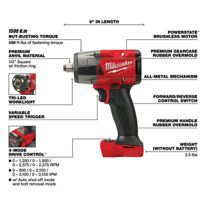 Cờ lê điện tự động tốc độ biến thiên 1500nm mô-men xoắn, dụng cụ điện công nghiệp & tự làm dành cho cờ lê tác động Milwaukee 1/2 inch - Product Image 4