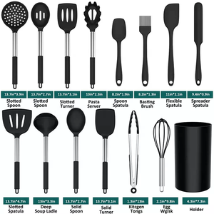Ustensiles de cuisine gris foncé en acier inoxydable avec manche en silicone, ensemble d'ustensiles de cuisine avec seau de rangement - Product Image 6