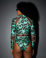 Op maat gemaakte carnavalsmonokini leverancier vlamprint mesh bodysuit Jouvert festival Miami badkleding groothandel private label OEM badpak
