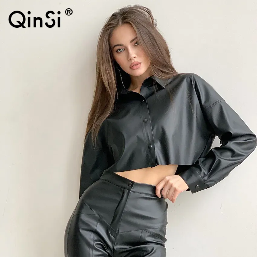 QINSI Ladies Single-Breasted Black Tops Fashion 2023 Long Sleeve PU Lapel Blouses Street Faux Leather Women Cropped Shirts