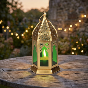 Lanterne hexagonale en métal avec verre vert, style marocain, porte-bougie découpé pour la décoration de la maison - Product Image 1
