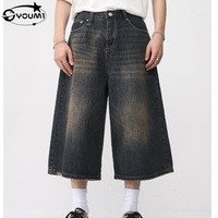 Shorts en jean vintage délavé et déchiré pour homme, coupe ample et décontractée, taille mi-haute, jambe large, style streetwear