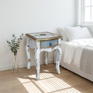 Vintage Reclaimed Wooden White Distressed Washed Painted Living Room Nightstands <b>Bedside</b> <b>Table</b> Stool Handcrafted For Hotel Room - Product Image 3