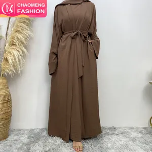 1956# Top sell wrinkle crepe 2pcs abaya set wide sleeve dubai abayas with pockets sleeveless inner dress 10 colors