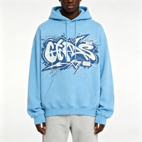 Hoodie Pria Berkualitas Tinggi Katun Murni Biru Langit dengan Grafis Teks Grafiti Jalanan, Saku Besar, Model Oversize, Custom