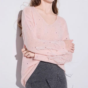 Weshallo di lusso Hot Fix strass design nappe maglieria <span class=keywords><strong>maglia</strong></span> corta in cotone maglione donna <span class=keywords><strong>con</strong></span> piuma di struzzo - Product Image 3