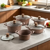 Ensemble de 10 ustensiles de cuisine durables en aluminium, revêtement antiadhésif effet marbre, design contemporain, poignées en bakélite, compatible gaz et induction
