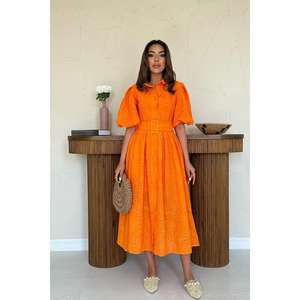 Robe plissée orange à manches ballon, élégante et décontractée, pour femme, style ODM, longueur genou, avec fermeture éclair et volants, pour le quotidien, taille XS - Product Image 4