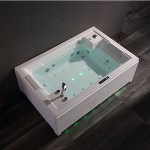 Baignoire à remous en acrylique pour deux personnes avec bulles d'air, lumière LED, cascade et musique Bluetooth - Product Image 1