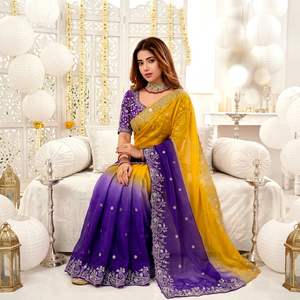 AARA Fashion <b>Purple</b> and Yellow Embroidered Silk <b>Saree</b> with Paisley Border Traditional Drape for Wedding Sun Protection - Product Image 1