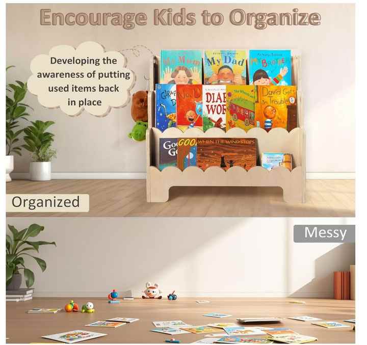 3-Tier Kids Bookshelf - Front Facing Wooden Book Display For Toddlers & Children's Rooms