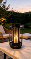 Lanterne à bougie cylindrique en métal noir, lanterne à cadre en fer à lattes avec poignée de transport pour la décoration intérieure et extérieure