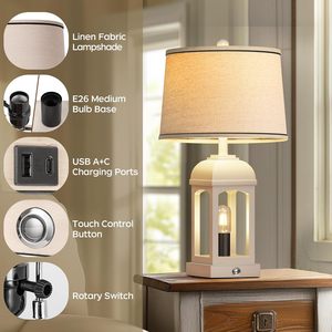 Table Lamp Set Of 2 With USB A+C And <b>Nightlight</b> 26 Rustic Bedside Lamps 3 Way Dimmable For Living Room Farmhouse Style - Product Image 2