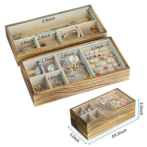carbonizada con tapa, collar rústico de <span class=keywords><strong>madera</strong></span>, pulsera, anillo, caja organizadora de joyería con 2 capas apilables - Product Image 3