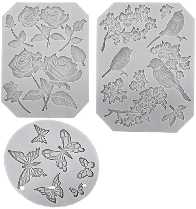 3 팩 나비 장미 꽃 줄기 조류 꽃 실리콘 퐁당 금형 초콜릿 퐁당 젤리 폴리머 클레이 비누 Cr