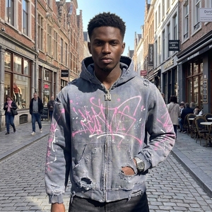 Sudadera con capucha y cremallera personalizada OEM de 500 g/m² para hombre |   Ropa Urbana Vintage con Efecto Desgastado |   Fabricante de Marca Privada MOQ 30 piezas - Product Image 1