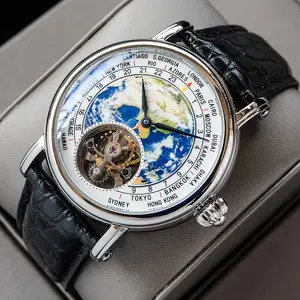 無料船高級クラシックサファイアドレスアースアートエナメルダイヤル機械式手巻き本物のトゥールビヨンムーブメント腕時計