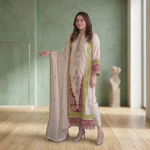 Conjunto de traje de algodón de lujo con paneles bordados multicolor, Kurti, pantalones rectos y Dupatta, diseño pakistaní Salwar Ka - Product Image 1
