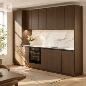 Armoires de cuisine en contreplaqué espresso personnalisées XINGRUO, armoires de cuisine en bois grainé, <span class=keywords><strong>armoire</strong></span> de rangement de cuisine moderne et élégante pour villa - Product Image 2