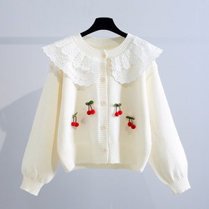 HANO Autumn Korean Style Sweet Ruffled Collar <strong>Cardigan</strong> Loose Fashion Knitted <strong>Sweater</strong> 3D Cherry Button Soft <strong>Cardigan</strong> <strong>Sweater</strong> - Product Image 1
