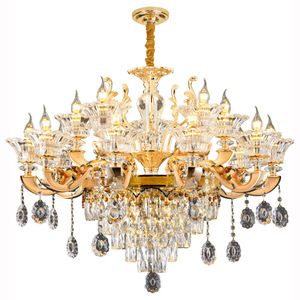 Crystal Chandelier Gold Finish E26 Bulb <b>Base</b> 2700K Warm White LED Adjustable Height Dimmable <b>Large</b> Bowl Shade Pendant Light - Product Image 4