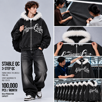 Fournisseur OEM de design, Sweat-shirt à capuche zippé oversize en molleton 100% coton avec col en fausse fourrure, imprimé et effet délavé vintage
