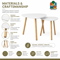 Ensemble de deux tables basses en forme de galet avec plateau blanc et trois pieds en bois, style scandinave moderne pour salon