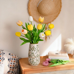 Tulipe artificielle CallaFloral, branche unique, jaune et blanc, décoration intérieure, bouquet de mariage, arrangement floral - Product Image 1