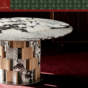 <span class=keywords><strong>Table</strong></span> ronde en marbre Calacatta Viola GOLDKING, base blanche, veines gris foncé et noires, nuances violettes, base en bois et métal, sur mesure - Product Image 4