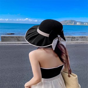 Fisherman Sun Hat With Bow Patchwork Breathable Cotton <b>Bucket</b> Hat For Women Outdoor Beach Sun Protection Hat Solid Color - Product Image 3