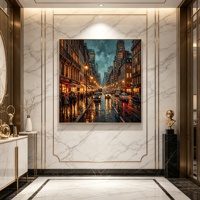 Tableau sur toile Paysage urbain Scène nocturne de rue de Paris Peinture à l'huile vintage Style Ville pluvieuse