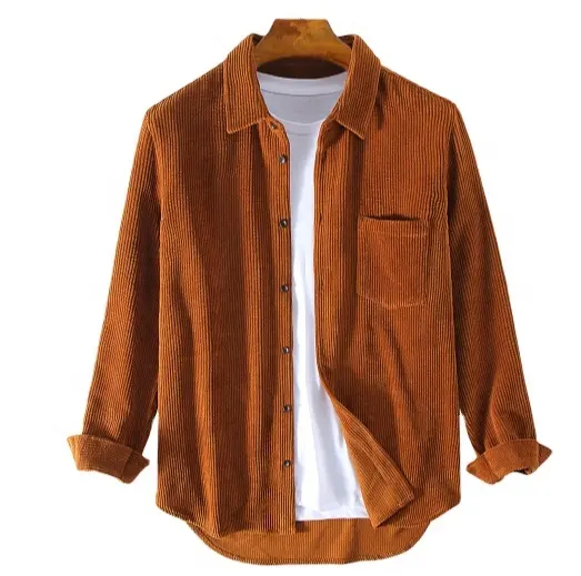 2022 Oem Custom Logo Print Turn Down Collar Brown Long Sleeve Fashion Loose Mens Corduroy Solid Color Shirt