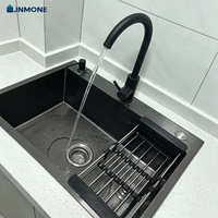 Fregadero de cocina de un solo seno de acero inoxidable 304 negro nano, hecho a mano, con lavavasos y grifo extraíble