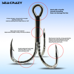 SEACRAZY Acier à haute teneur en carbone 8 #   <span class=keywords><strong>Hameçon</strong></span> triple 3/0 brillant à écailles de poisson, antidérapant, <span class=keywords><strong>pour</strong></span> <span class=keywords><strong>la</strong></span> pêche à <span class=keywords><strong>la</strong></span> traîne de gros gibier, modèle <span class=keywords><strong>pour</strong></span> <span class=keywords><strong>la</strong></span> perche - Product Image 2