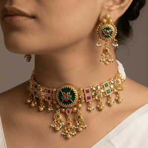 Traditional Gold Plated Green Pink Meenakari Choker Necklace Set With Circular Motifs Drops Matching Earrings For Bridal Wear - Product Image 1