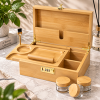 Kit d'accessoires pour fumeurs en bambou avec boîte de rangement pour herbes, 3 bocaux en verre, rouleuse et brosse, kit de fumage avec serrure à combinaison