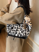 Sac Hello Cat Version Coréenne Rétro en Fourrure Peluche Léopard, Grand Sac Cabas Élégant avec Nœud Délicat