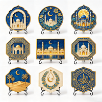 Assiette décorative personnalisée en résine avec impression UV, motif mosquée islamique, croissant de lune et étoile, cadeau de bureau avec support, OEM en gros