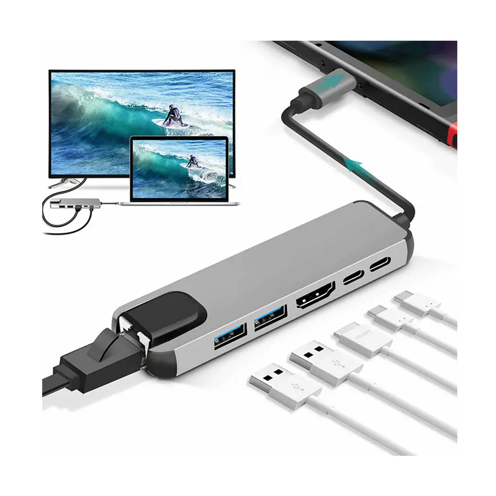 USB-C Hub Portable Multi-port 6-in-1 Type-C Adapter with 4K HDTV RJ45 Ethernet Lan for Nintendo Switch