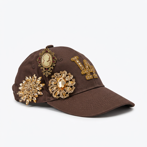 Gorra de Béisbol Marrón LA de 6 Paneles, Ajustable, Unisex, Estilo Urbano, Bordado a Mano con Leopardo, Decoración con Pedrería, Calidad Premium 100% - Product Image 1