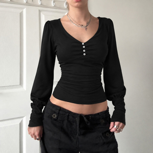 <b>V</b> <b>Neck</b> Button Front Knit Top, Long Puff Sleeve <b>Women's</b> <b>T</b> <b>Shirt</b>, Casual Slim Fit Long Sleeve Top, Y2K Retro Fashion - Product Image 5