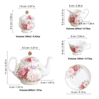 Service à thé et café de luxe 21 pièces en porcelaine fine, écologique, style nordique européen, 800 ml, motif floral rose, idéal pour mariages et réceptions
