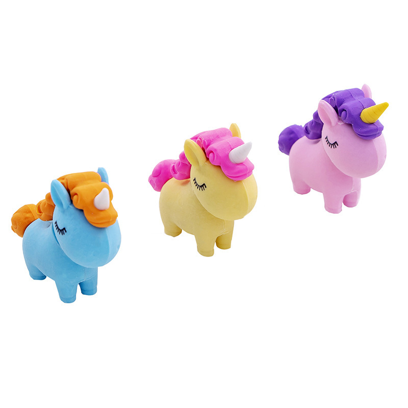 Vente en gros de mini gomme de licorne mignonne de dessin animé gomme de papeterie créative gomme 3D en caoutchouc animal jouets pour la promotion PUT020