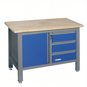Kit de montaje de banco de trabajo Fervi con superficie de madera y cajones de almacenamiento azules para uso en taller - Product Image 1