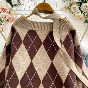 Women'S Chic Off Shoulder Ribbon <strong>Sweater</strong> With Diamond Pattern <strong>Knit</strong> Skirt Two Piece Set for Petite - Product Image 4