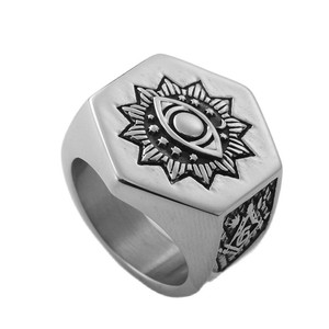 Anillo Masónico Hexagonal para Hombre, Plata Tibetana, Estilo Retro Punk, Regalo, 21007 - Product Image 5