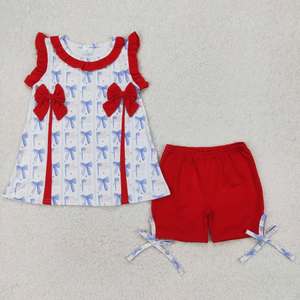 Baby Girls 4th of July Outfit Set Embroidered Bow Flags Tunic Top with Ruffle Shorts - Product Image 6