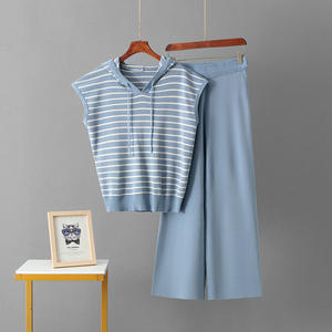 ชุดเซ็ตเสื้อฮู้ดดี้และกางเกงขายาวลำลองแฟชั่นฤดูร้อน เสื้อถักแขนกุดลายทาง ฮู้ดดี้สุดฮิต - Product Image 6